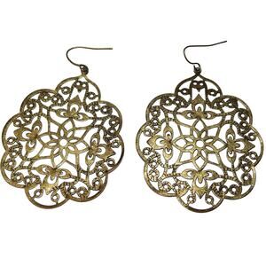 3" Ornate Golden Aged to Tarnished Mandala Cut Out Fillagree Earrings